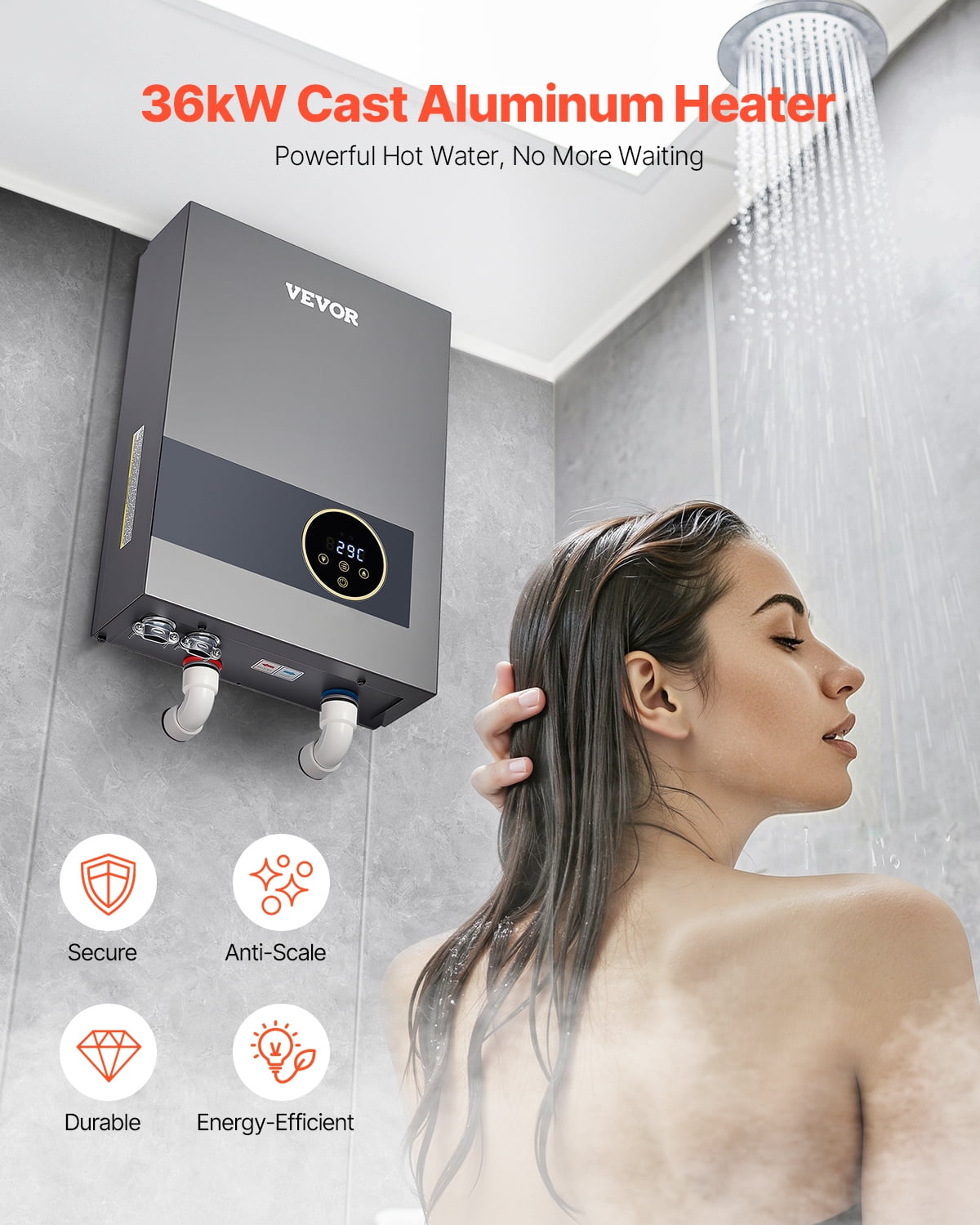 VEVOR Tankless Electric Water Heater, 36kW Instant Hot Water Heater Under Sink, On Demand for Bathroom, Kitchen, Office with LCD Touch Screen, Child Security Lock ,Space-Saving, 240V