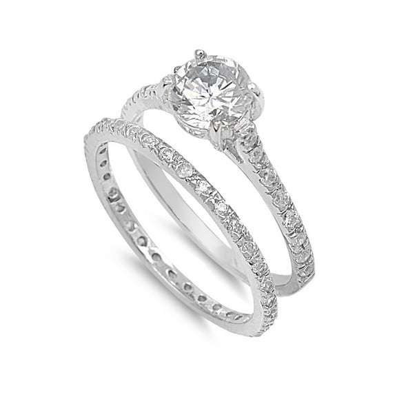 Round Center with Round Stones Cubic Zirconia Wedding Set Ring Sterling Silver 925