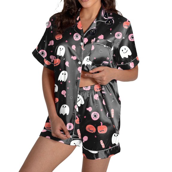 Summer Sales Womens Pajama Sets Soft Casual Print Short Sleeve Button Down Loungewear Halloween Pajama Sets for Women 2 Piece