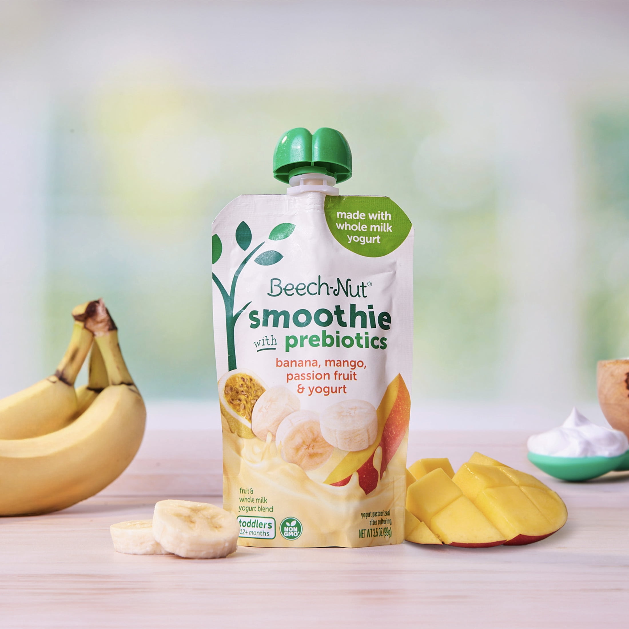 (12 pack) Beech-Nut Smoothie + Prebiotics for Toddlers, Banana Mango Psn Fruit & Yogurt, 3.5oz Pouch
