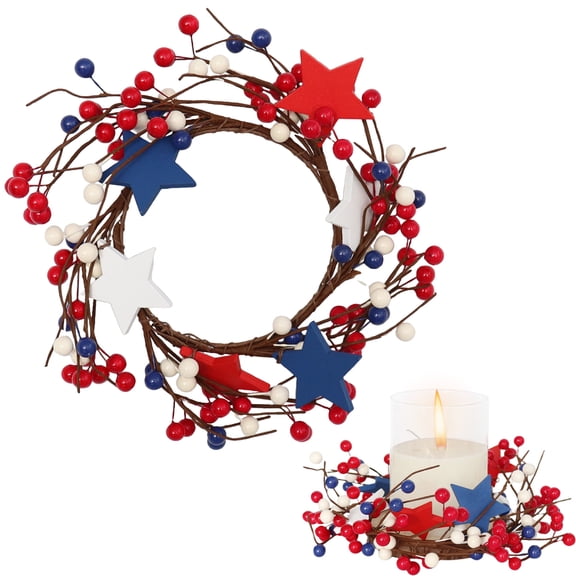 1 Pcs Patriotic Candle Rings Wreaths Summer White & Red& Blue Mixed Berries & Pip Berry Candle Rings Artificial Candle Holder 10" for 4 of July Home Kitchen Table Centerpiece (Blue)