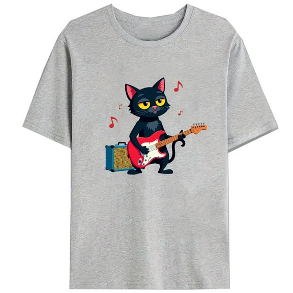 Rock Cat Guitar Tee Graphic T Shirt Tops Cool Music Lover Vintage Gray S-3XL Band Tour Style