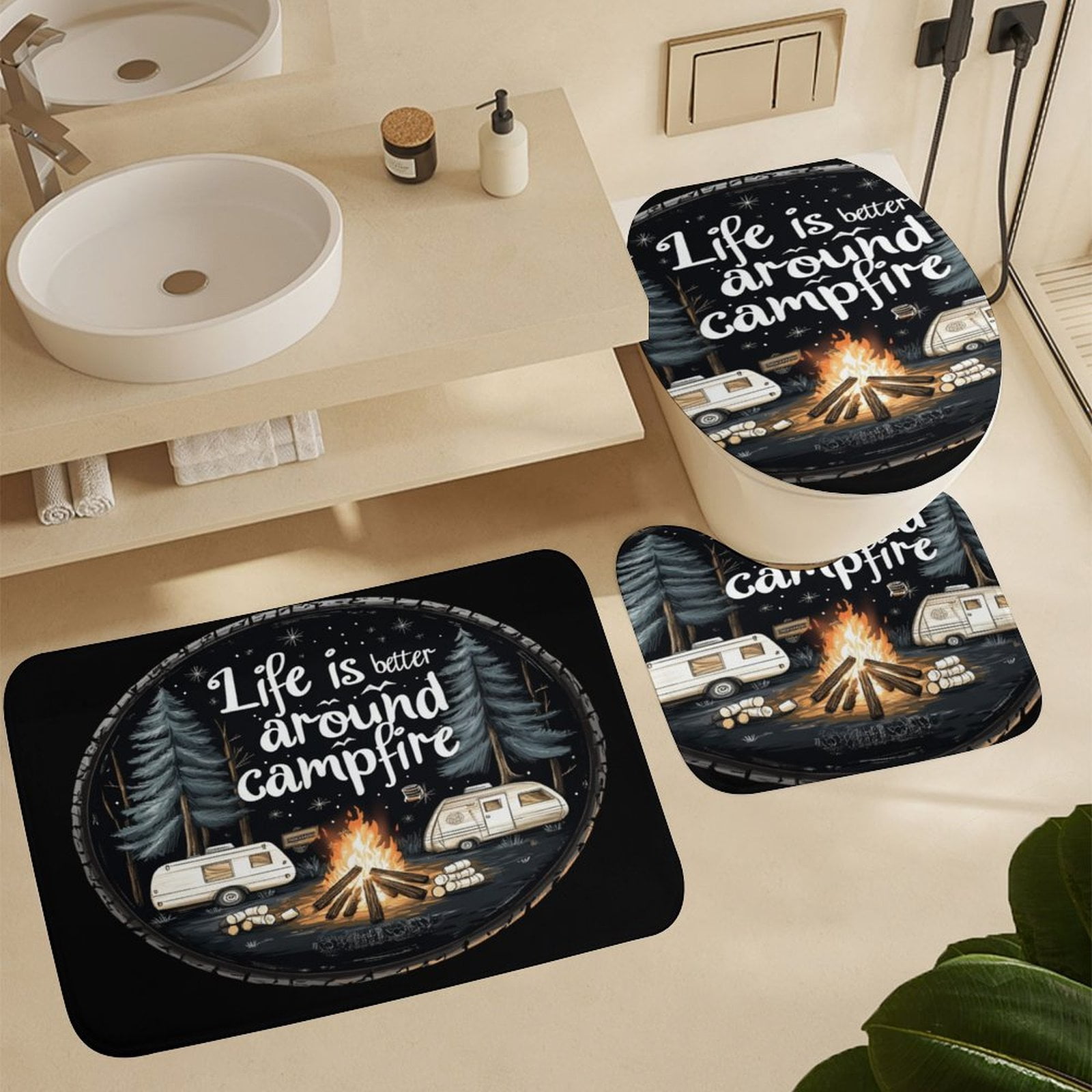 Life Is Better Around The Campfire Shower Curtain Sets 4 Piece with Non-Slip Rugs Toilet Lid Cover And Bath Mat Summer Camping Campfire Waterproof Personality Pattern Bath Curtain for Bathroom Decor