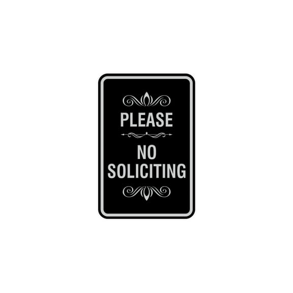 Portrait Round Please No Soliciting Sign (Black / Silver) - Large 6" x 8"