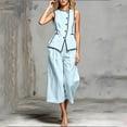 thumbnail image 5 of Karymi Womens Tops Dressy Casual 2 Piece Contrast Piping Outfit Set, Crew Neck Sleeveless Button Vest Top+Pleated Cuffed Cropped Wide Leg Capri Pants with Pockets Tops for Women Trendy, 5 of 6