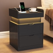 IDEALSOUL Black Nightstand with Charging Station, LED Nightstand with 3 Hidden Drawer Modern Bedside Table End Side Table Nightstands for Bedroom Living Room 25 Tall