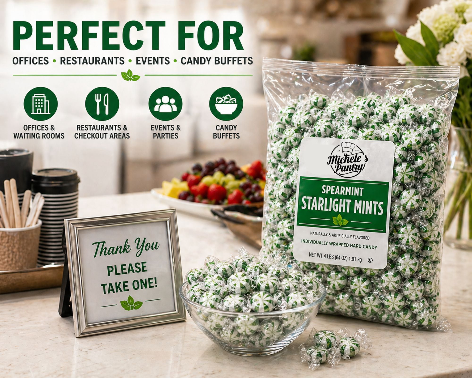 Michele’s Pantry Spearmint Starlight Mints Hard Candy, 4 lb Bulk Bag, Individually Wrapped Refreshing Mint Candy