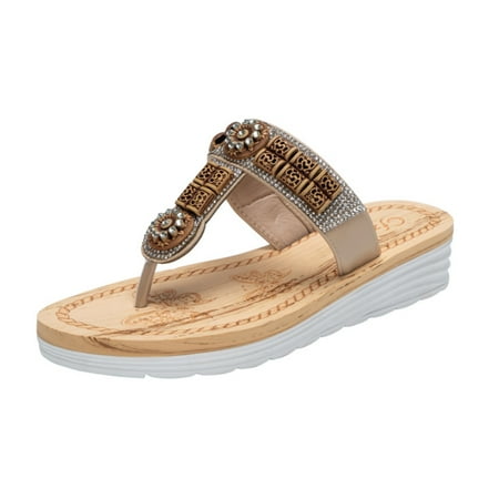 

Cathalem Summer Ethnic Style Fashion Concise Casual Flip Flops Women Shoes Plus Size Outdoor Bohemian Shoes Women Sandals Leather Beige 8