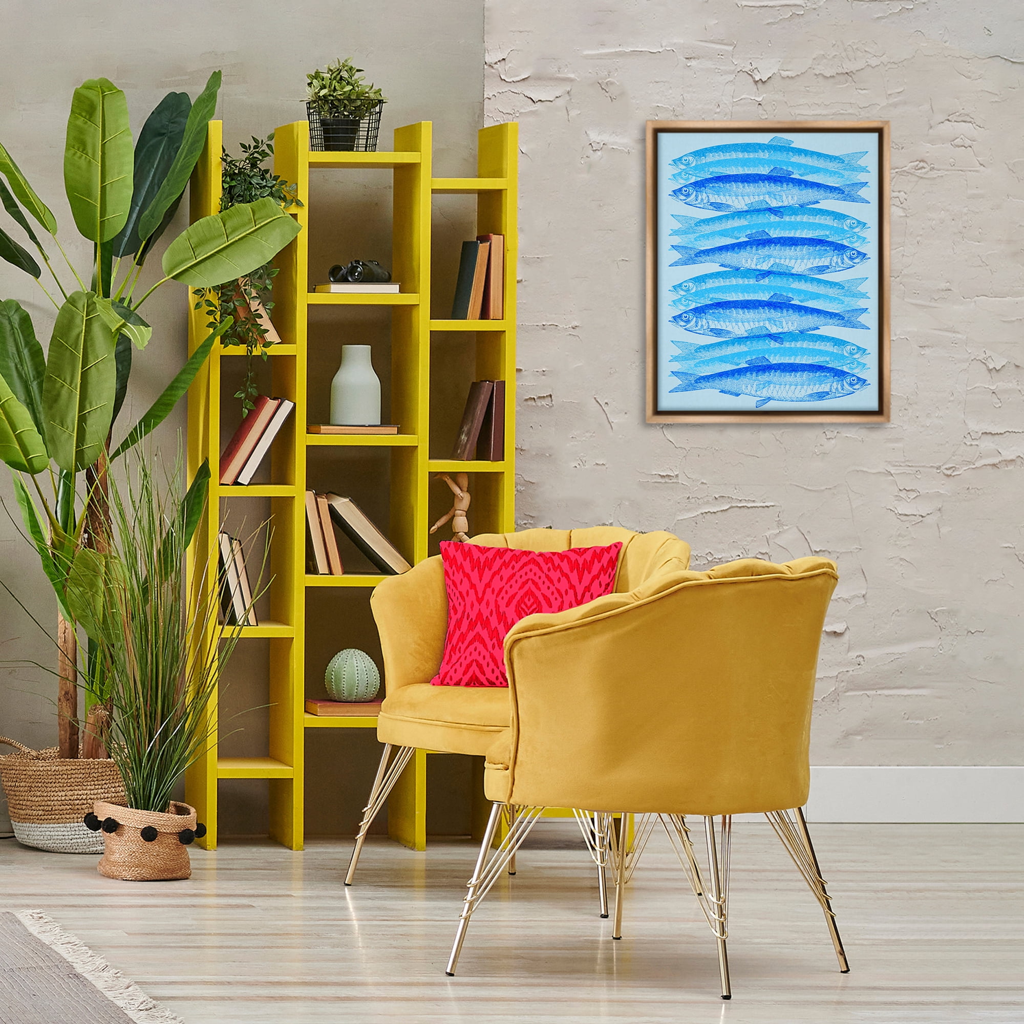 Stupell Industries Blue Layered Fish Animals & Insects Painting Brown Floater Framed Canvas Art Print Wall Art, 17 x 21