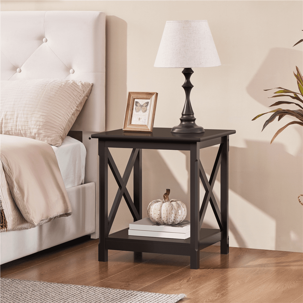 Renwick X Design Wood Rectangular End Table with Storage Shelf, Espresso
