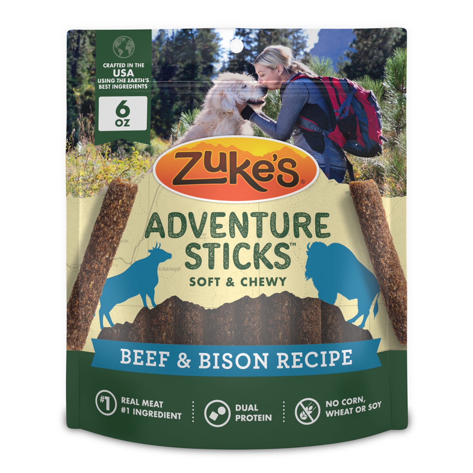 Zukes Adventure Sticks Beef and Bison Flavor Natural Treats for Dogs, 6 oz Pouch