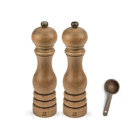 Peugeot Paris Classic Collection Antique Salt & Pepper Mill Natural - With Wooden Spice Scoop (8-3/4 Inches)