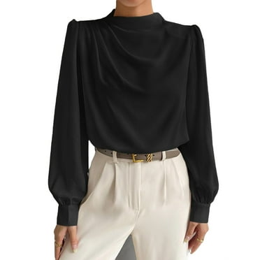 Elegant Plain Stand Collar Top Long Sleeve Black Women Blouses (Women's)