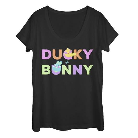 Women's Toy Story Ducky & Bunny Rainbow Text  Scoop Neck Black Small