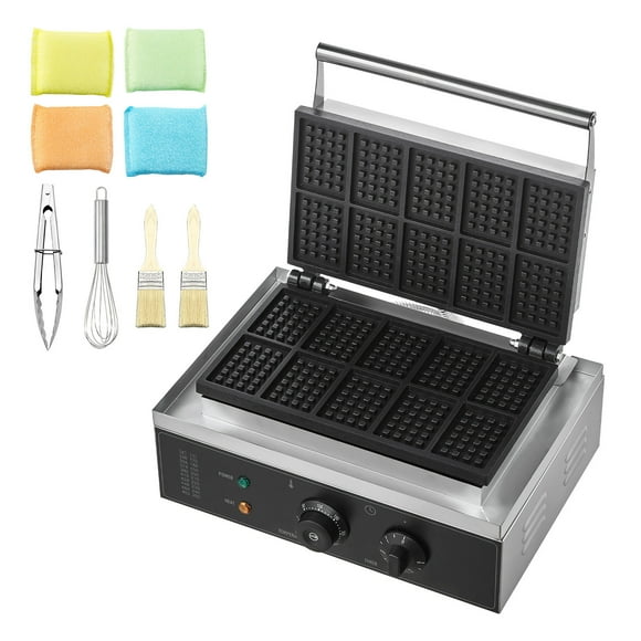 KFFKFF Professional Waffle Maker, 10-Section Rectangular Waffle Cooking Device, 1550W Non-Stick Surface, Stainless Steel, Adjustable Temperature and Timer, with Handle, Ideal for Cafes, Bakeries