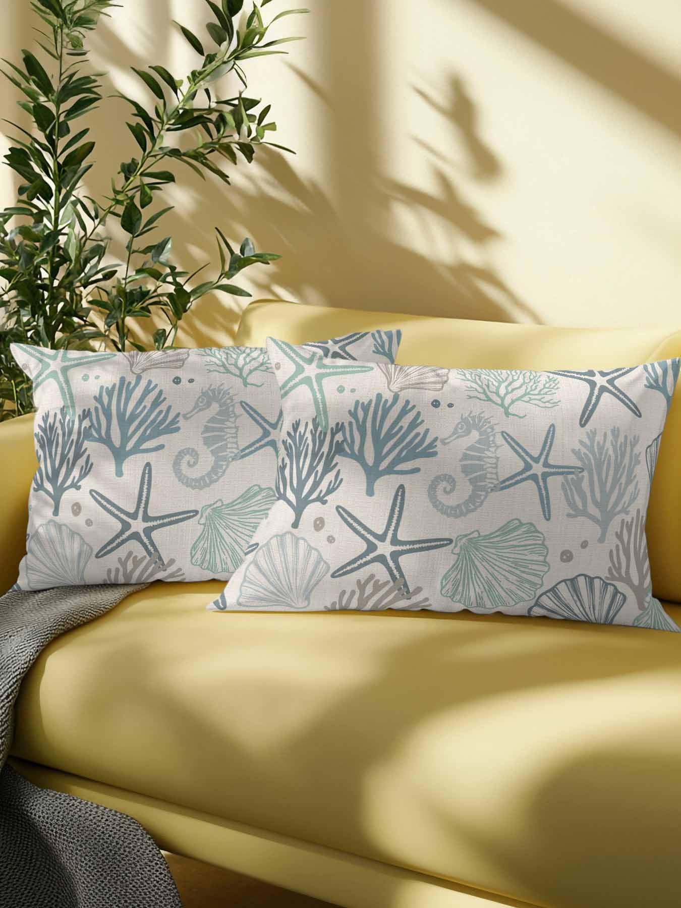 Waterproof Outdoor Throw Pillows with Inserts 12"x20" Set of 2,Aqua Teal Coastal Soft Decorative Pillowcases for Bedroom,Summer Beach Starfish Coral Nautical Rustic Pillow Covers for Sofa Living Room