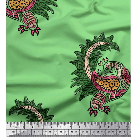 Soimoi Japan Crepe Satin Fabric Peacock Block Print Fabric by The Yard 42 Inch Wide