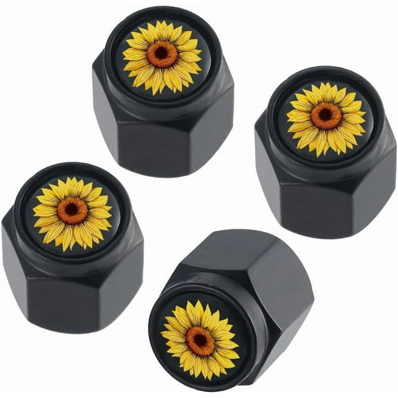 4pcs Sunflower Tire Valve Stem Caps Car Tire Valve Cover Wheel Stem Cap Metal Black Air Valve Cover for Car Motorcycle Bike Aluminum Airtight Seal Dust Corrosion Proof 0.43×0.47in