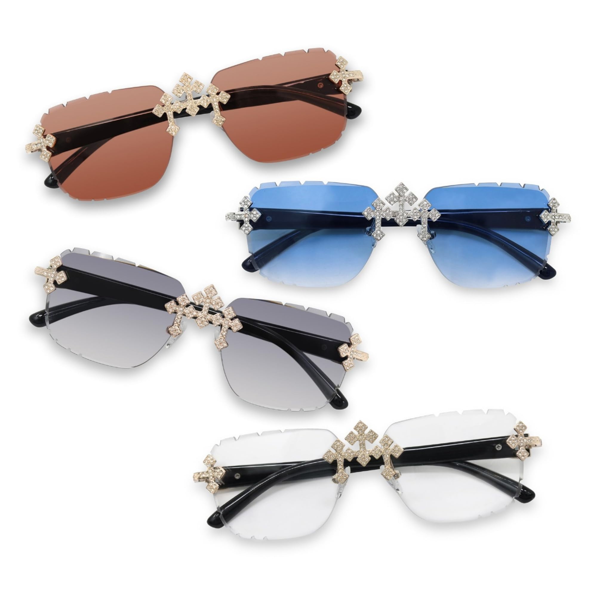 Iced-Out Triple Cross Sunglasses – Diamond-Cut Frameless Shades for Men & Women, Hip-Hop Luxury Eyewear for Various Occasions - Gold Black Finish