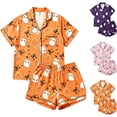thumbnail image 5 of Halloween Pajamas Women Pants Set Satin Silk Casual Soft Comfort Pumpkin Print Halloween Pumpkin Set Notch Collar Sleepwear Set for Women Teen Girls, 5 of 6