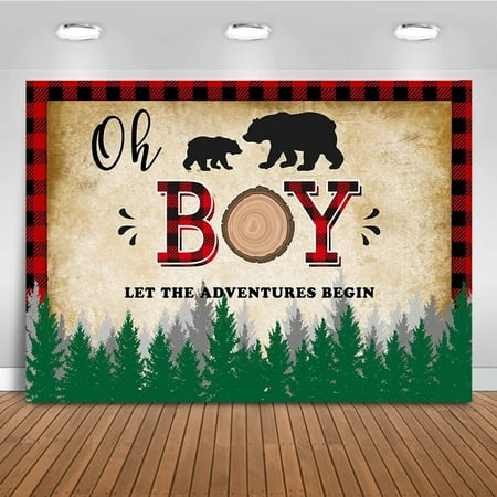 Image of Lumberjack Baby Shower Backdrop 7x5ft Vinyl Buffalo Plaid Oh Boy Party Decorations Rustic Bear Baby Shower Banner Photography Background