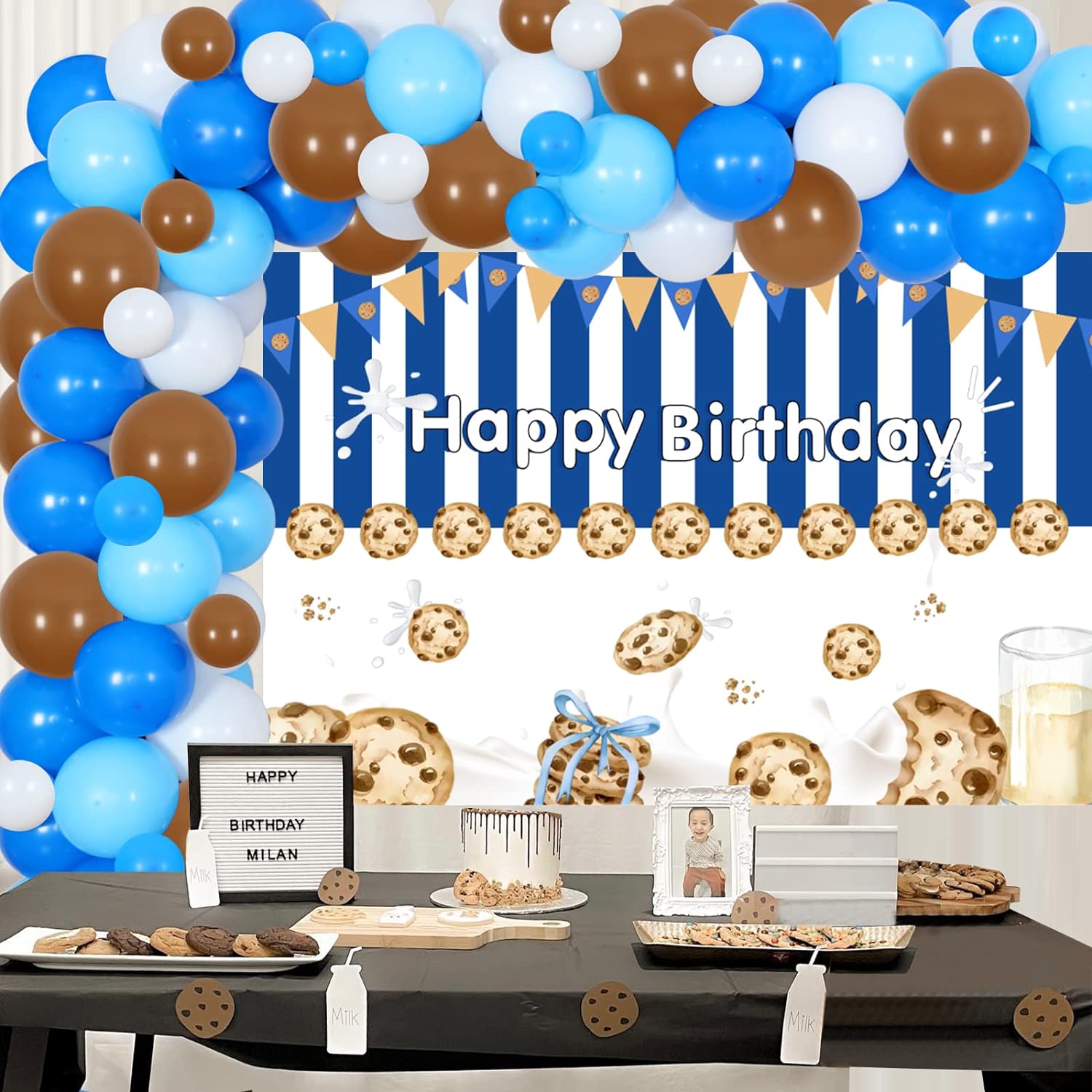 Milk and Cookies Birthday Party Decorations Blue Cookie Milk Balloon Garland Arch Kit with Backdrop for Boys Cookie Milk Party Supplies Baby Shower Decor
