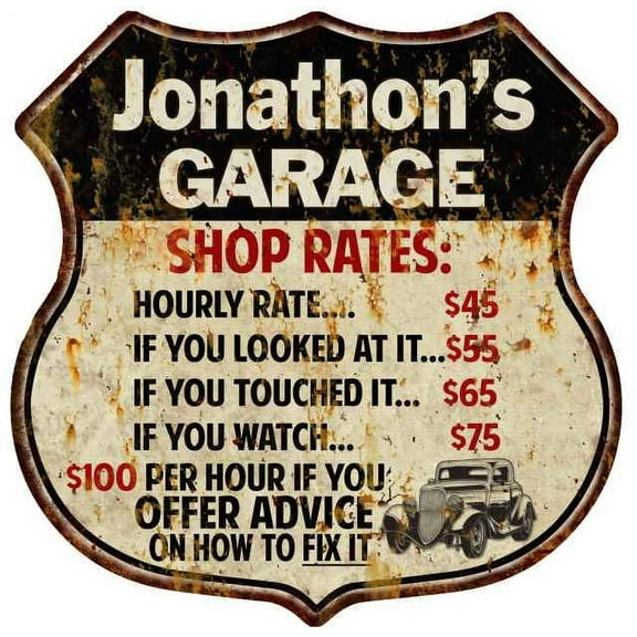 Jonathon's Garage Shop Rates Sign Gift 8x12 Metal Sign 211110019372