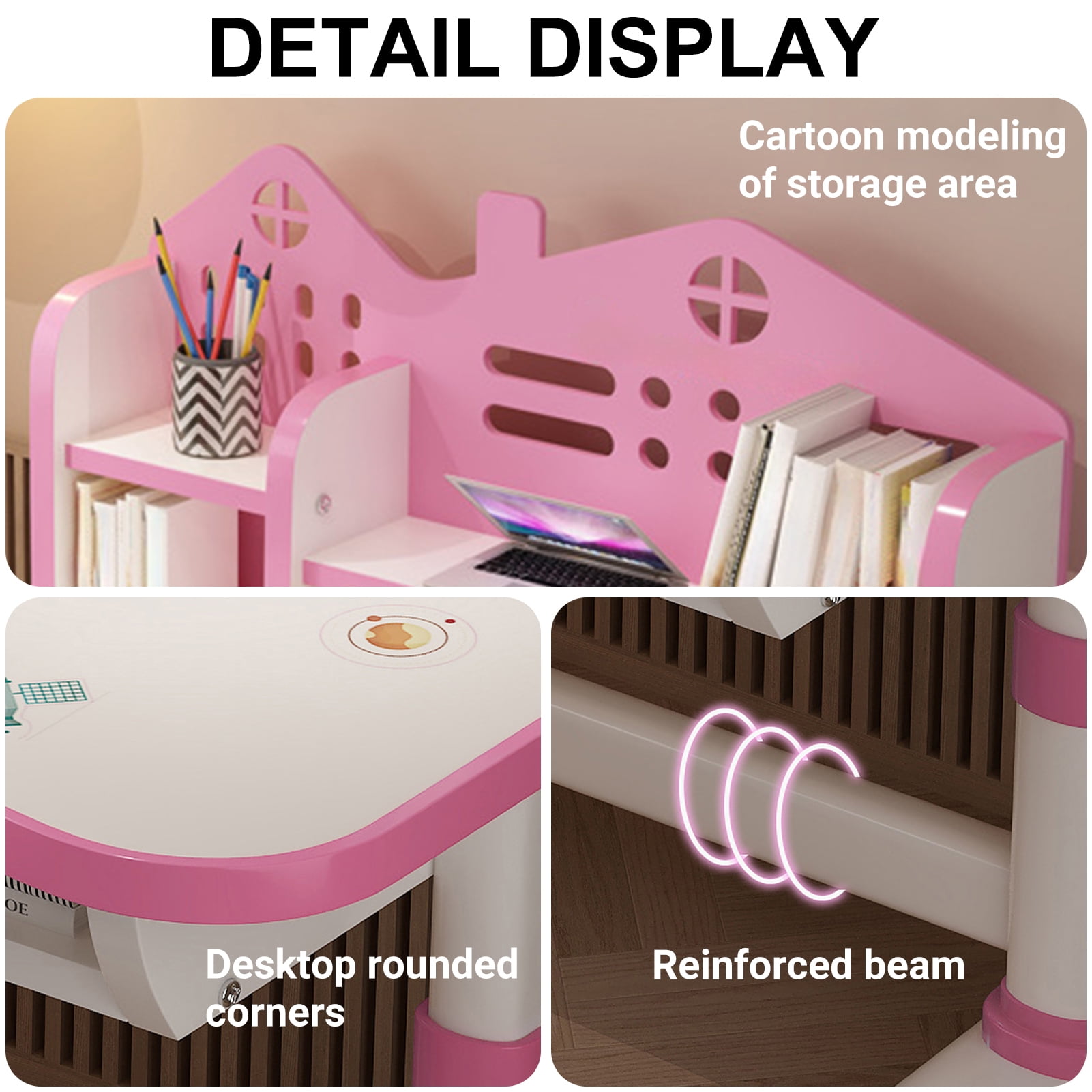 Aqzb 2 in 1 Kids Study Table and Chair Set - Adjustable Height Boys Girls School Study Table - with Large Writing Board, Drawer & Book Stand - Pink