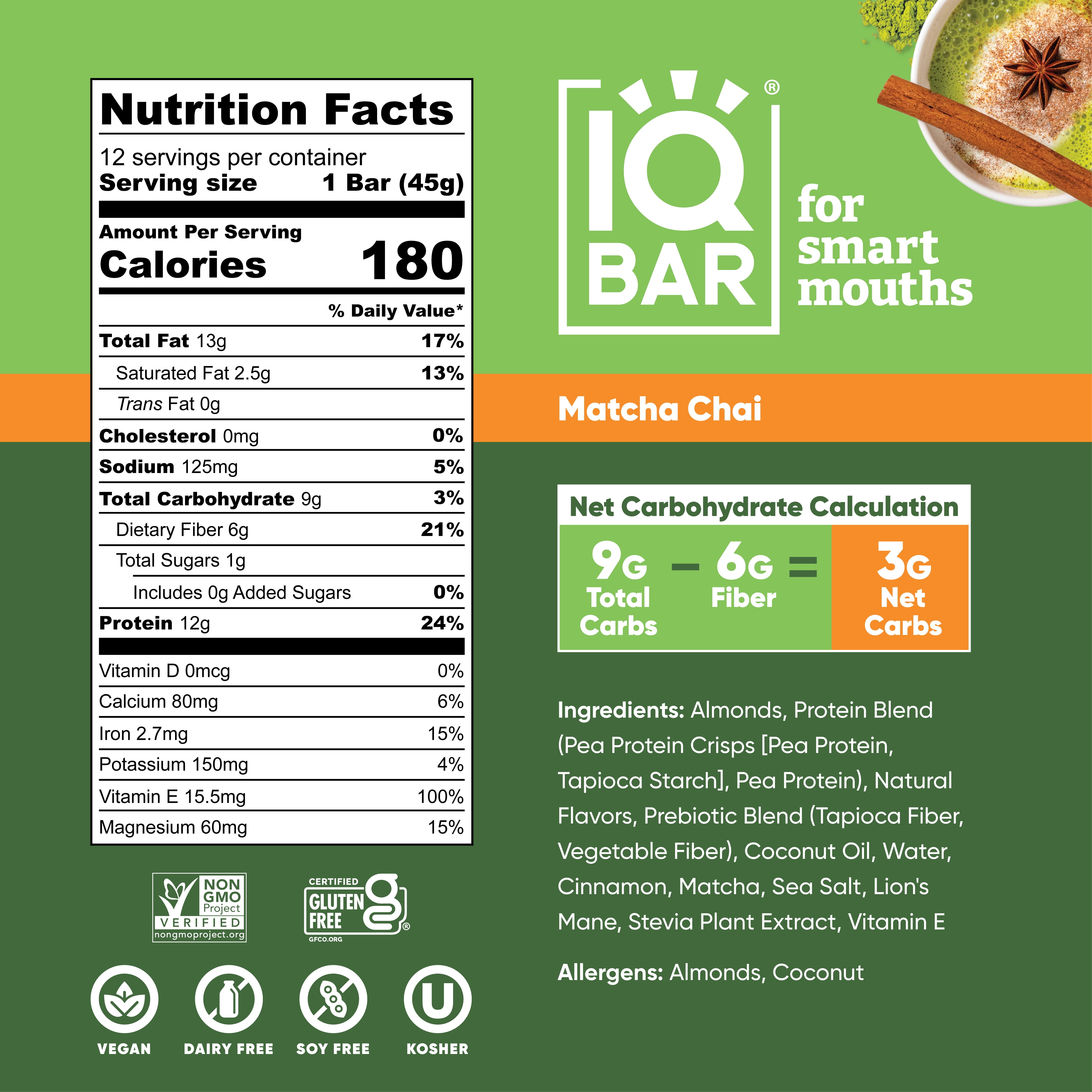 IQBAR Clean Plant Protein Bars - Matcha Chai - 12 Count - Keto, Vegan, High Fiber, Gluten and Dairy Free, Low Sugar Snack