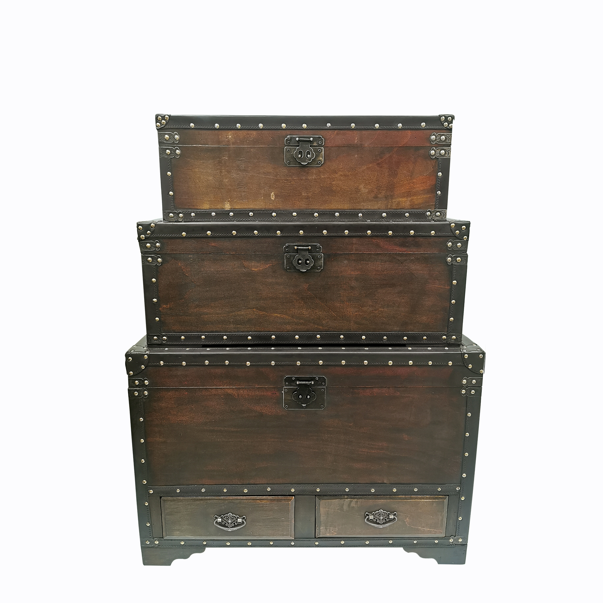 Set Of 3 Brown Leather Trimmed With Drawers Wood Decorative Storage
