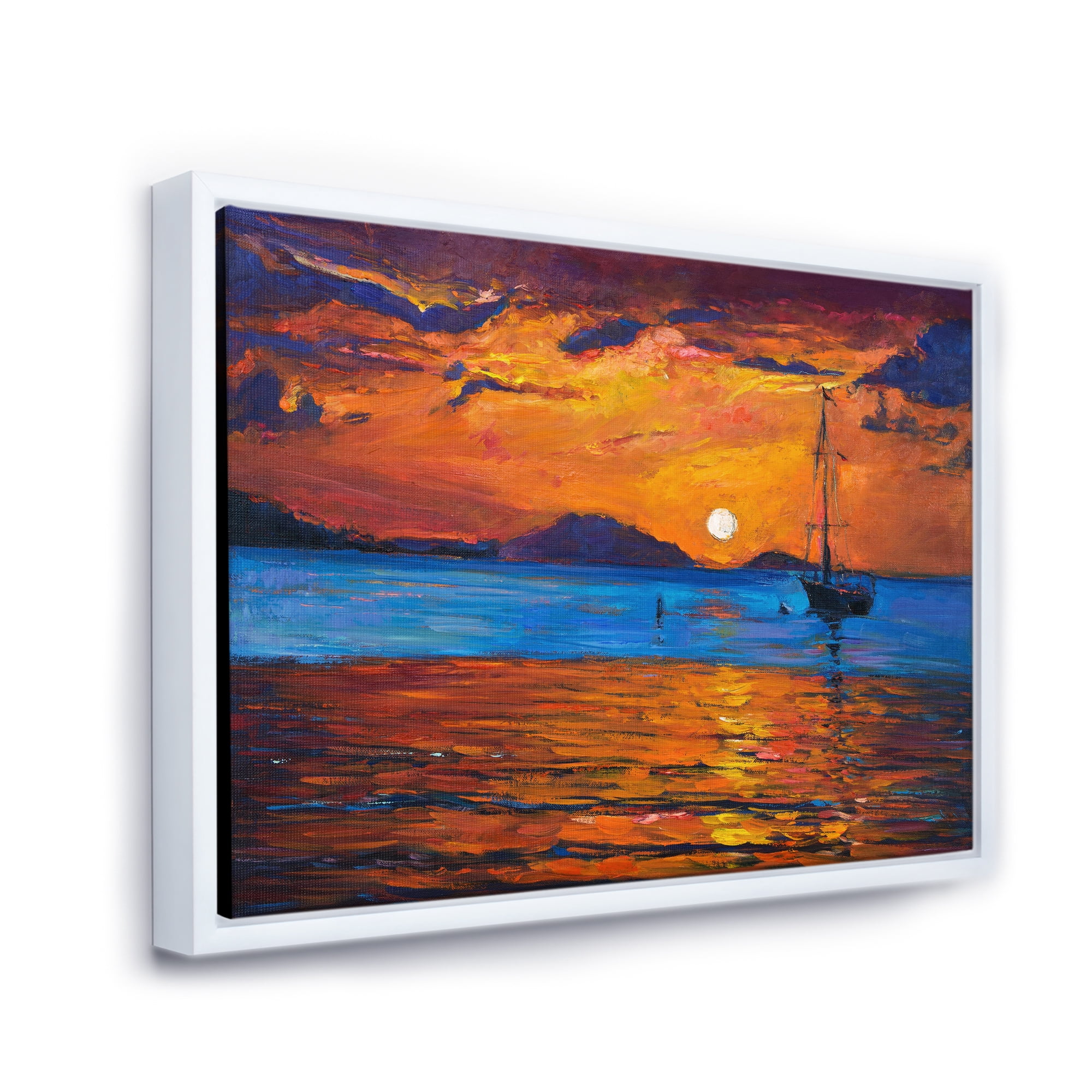 Designart 'Boat At The Lake During Evening Glow IX' Nautical & Coastal Framed Canvas Wall Art Print