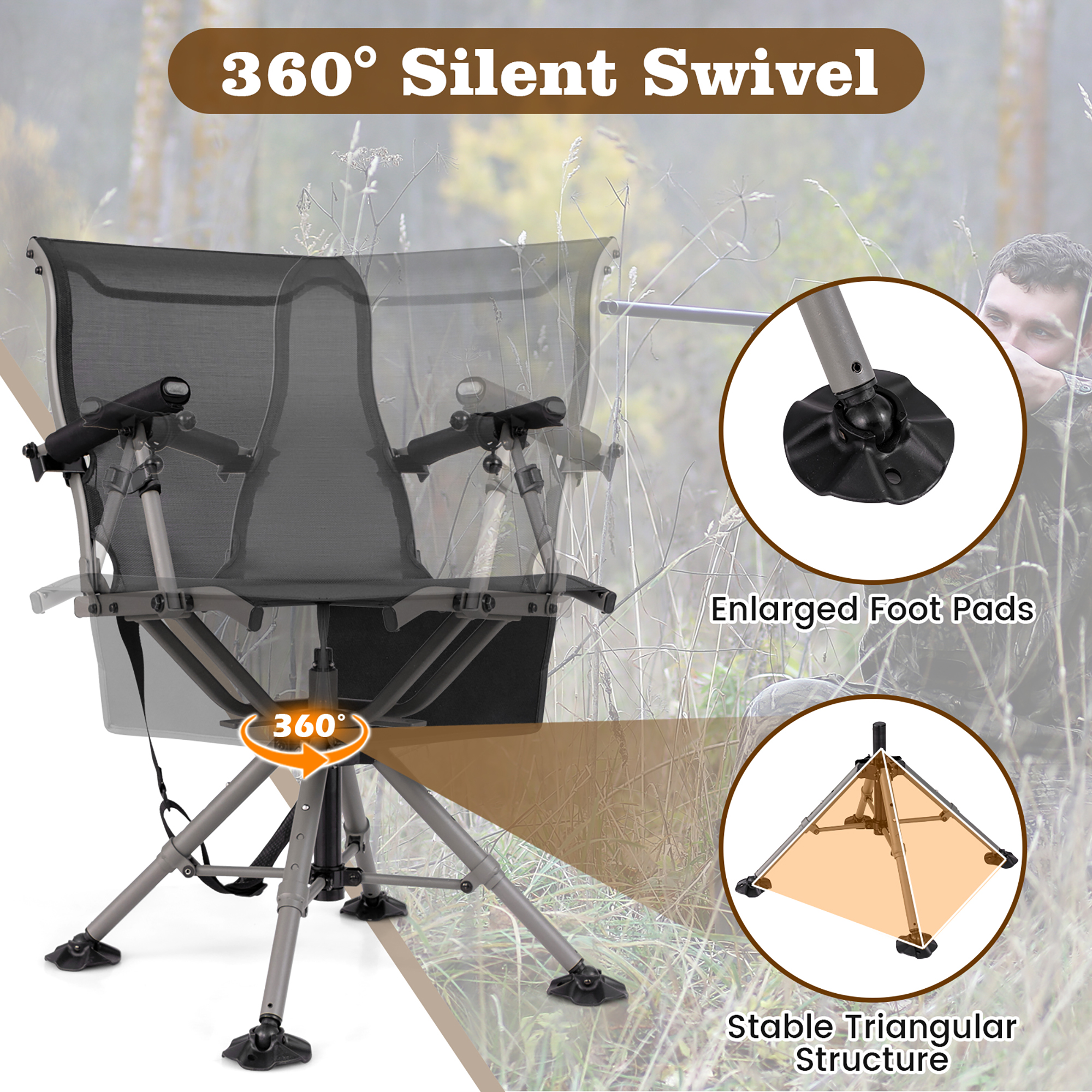 Gymax Portable Hunting Chair w/360° Swivel Adjustable Legs & Armrests Gun Holder