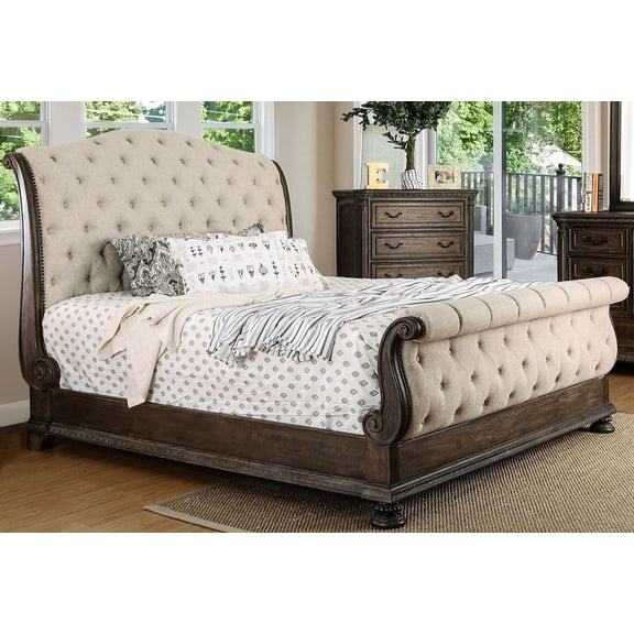 Natural Rustic Tone Finish Beige Tufted Queen Size Bed 1pc Bedframe Solidwood Traditional Sleigh Bedframe Bedroom Furniture