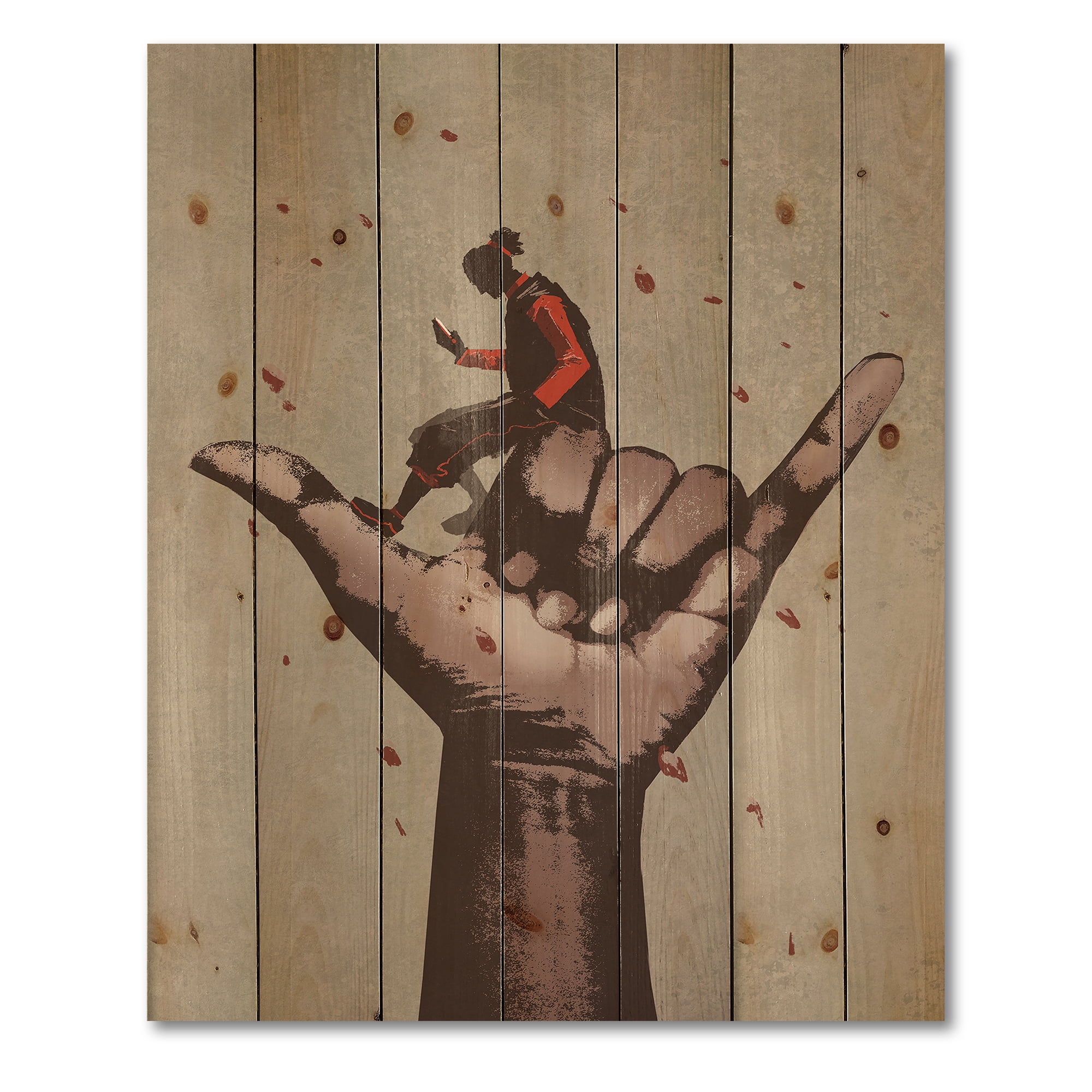 Designart 'Man Using Mobile Phone With Call Me Sign' Modern Print on Natural Pine Wood