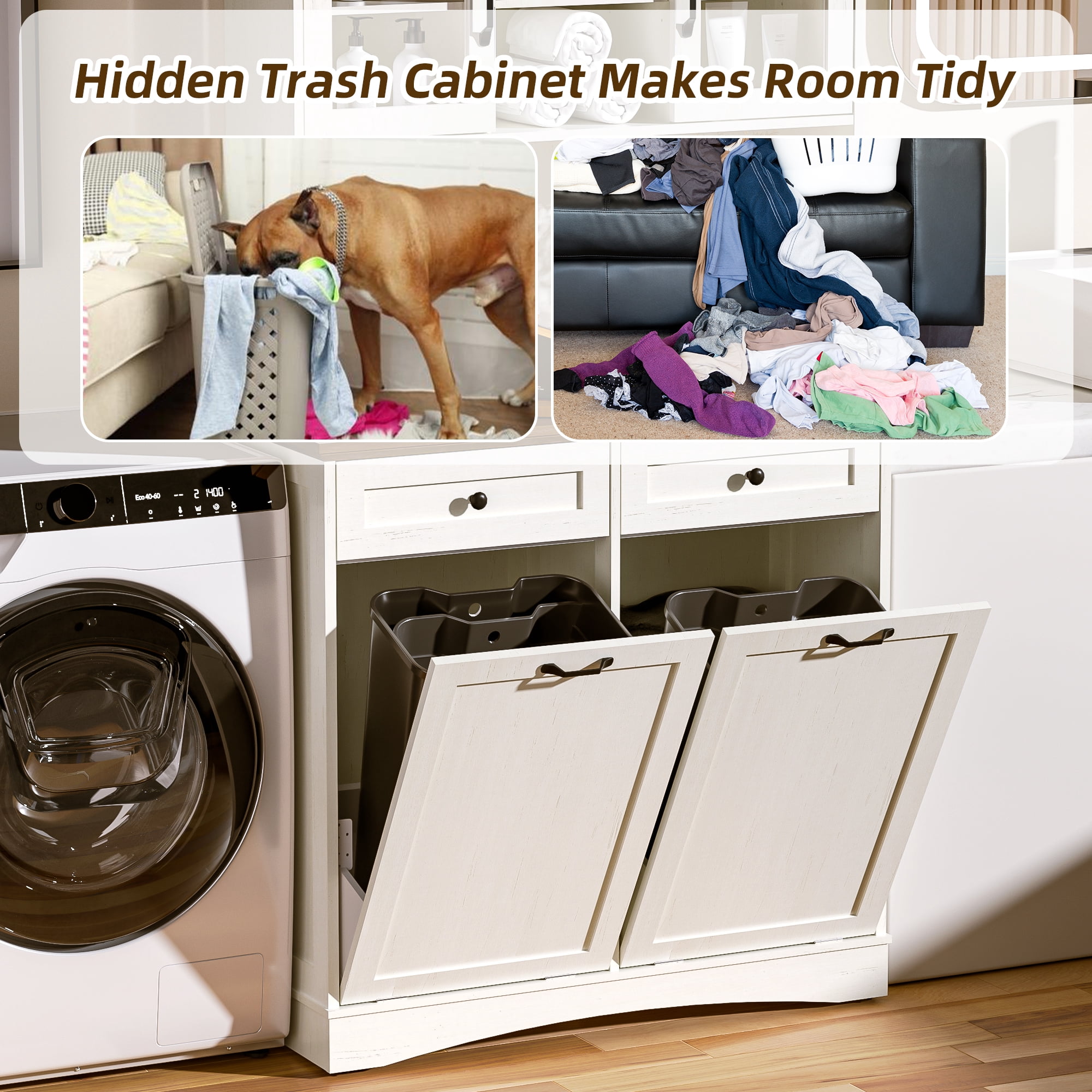 HARIPUL 2-in-1 Kitchen Trash Cabinet & Panty Cabinet, 26 Gallon Garbage Can, Freestanding Double Tilt Out Storage Cabinet w/ Shelves for Kitchen & Living Room, Antique White