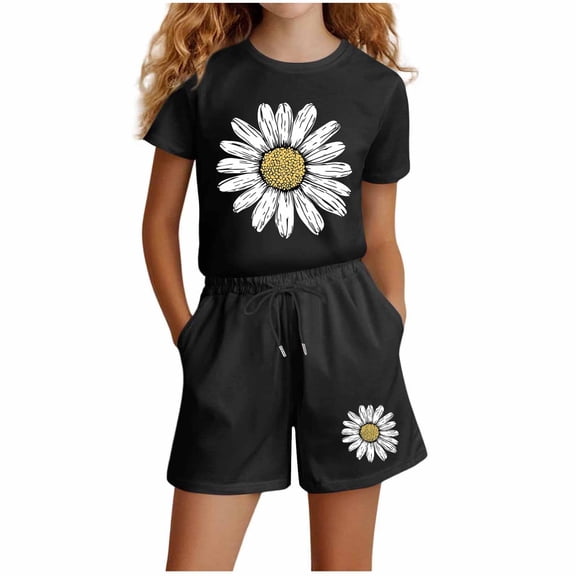 NAISIBABY Girls Summer Outfit Sets, Floral Short Sleeve T-Shirt & Shorts 2-Piece Kids Casual Fashion Clothes Black Size 7-8