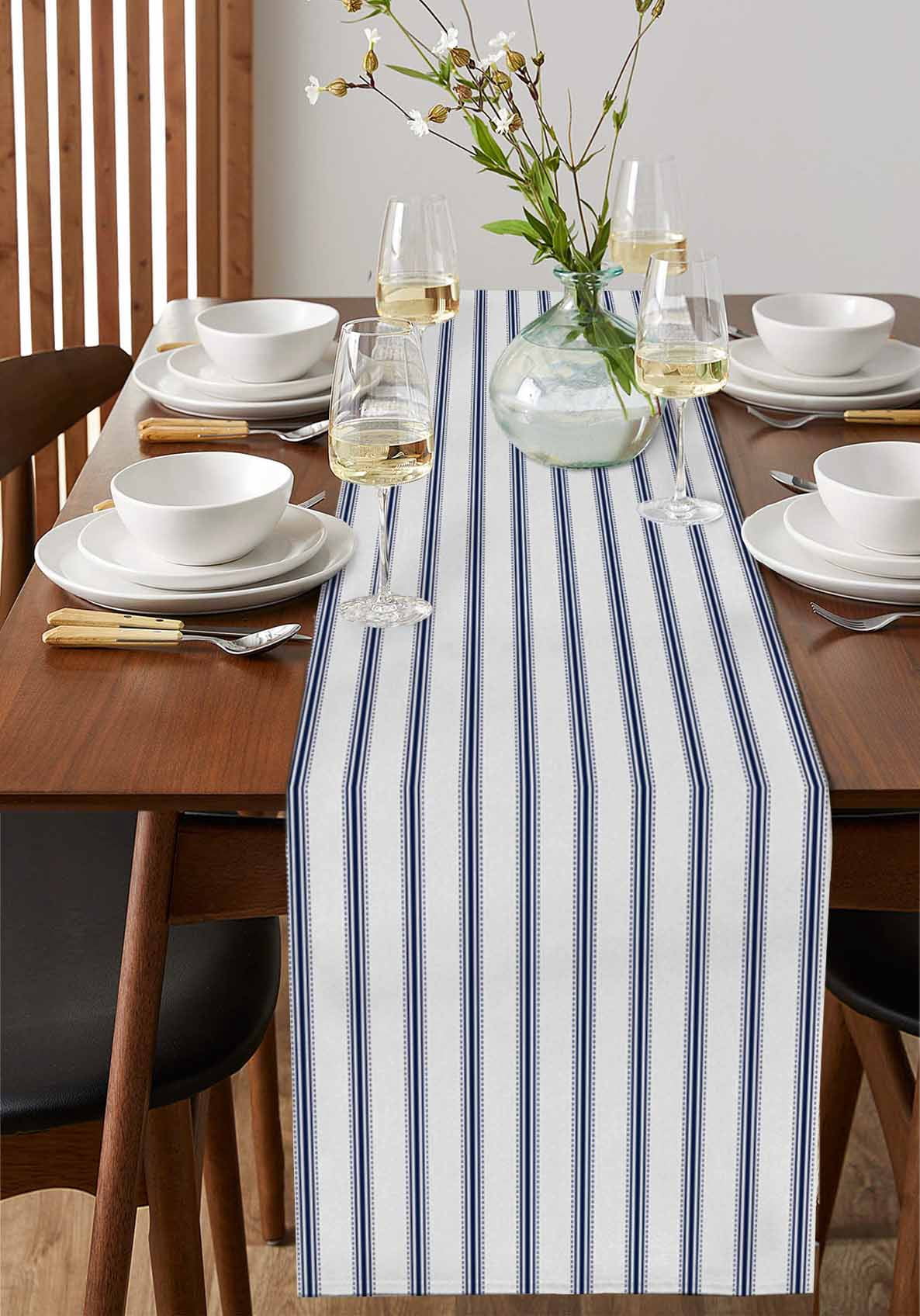 ERUNPONLY Navy Blue Striped Table Runner - 120 Inch Long Navy Blue White Stripes Farmhouse Cotton and Linen Blended Dress Scarves Farmhouse Table Runner for Kitchen Dining, Coffee Table, 13" x 120"