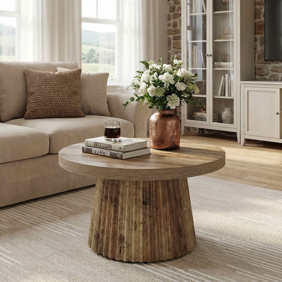 MAYEETY 31.5" Round Coffee Table Fluted Drum Base Living Room Table