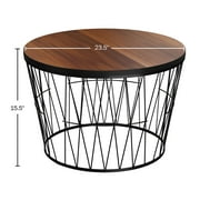 Lavish Home Round Coffee Table with Geometric Metal Base, Brown/Black