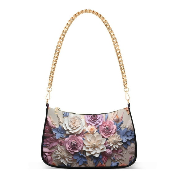 Womens Chain Shoulder Bag Flowers Purple Classic Tote Handbags Fashion Clutch Hobo Purse with Zipper for Travel Casual