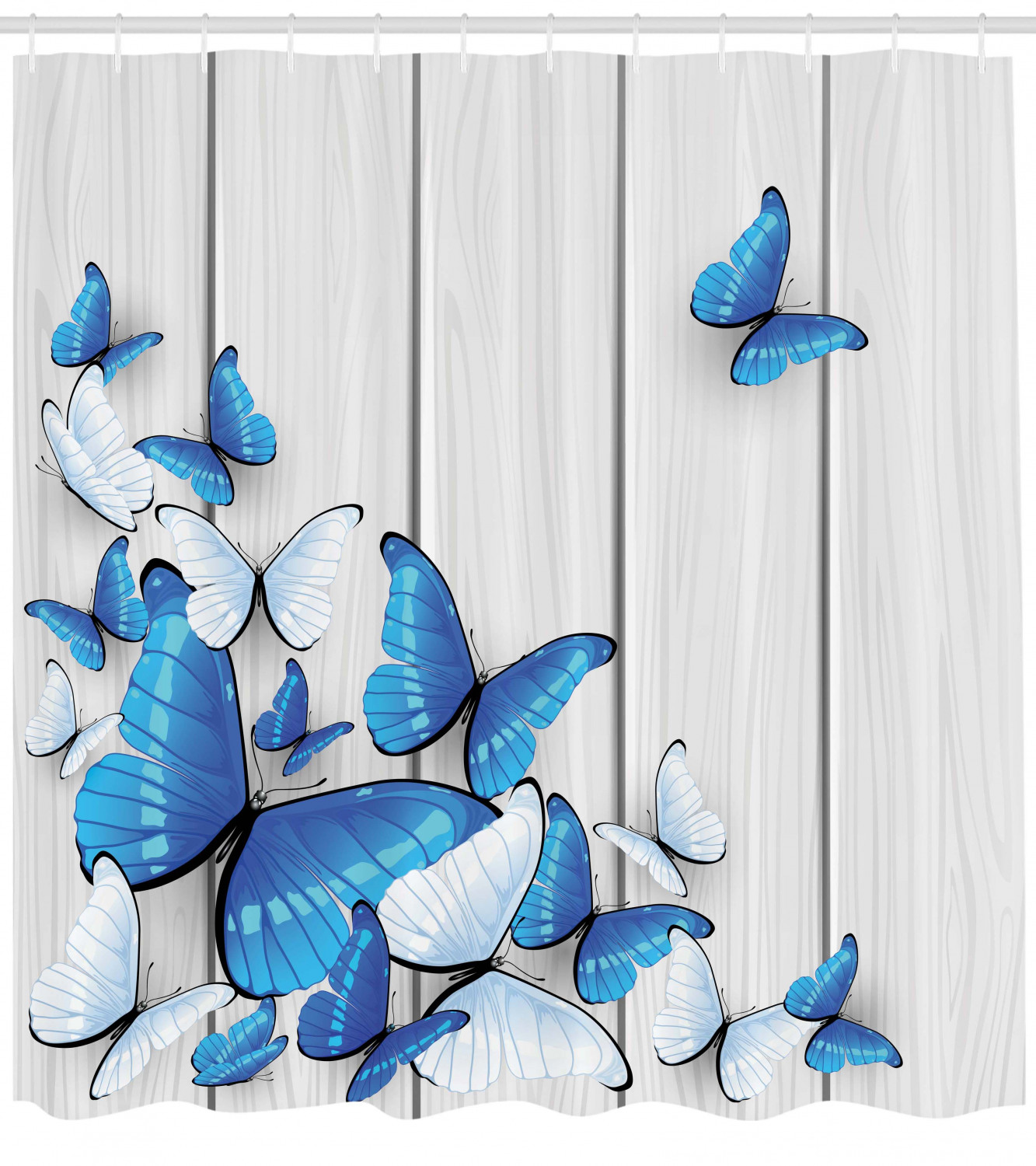 Butterflies Shower Curtain, Blue and White Butterflies on Wooden