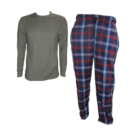

Mens Pajama Sets One Solid Top & One Plaid Bottom (M Heath/Navy)