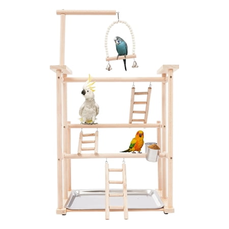 FOGGBET 31" Parrot Stand, Bird Playground Wooden Gym, Birdcages Accessory, Cockatiel Cage Perch Stand, Bird Perch Stand with Swing Ladder Feeder