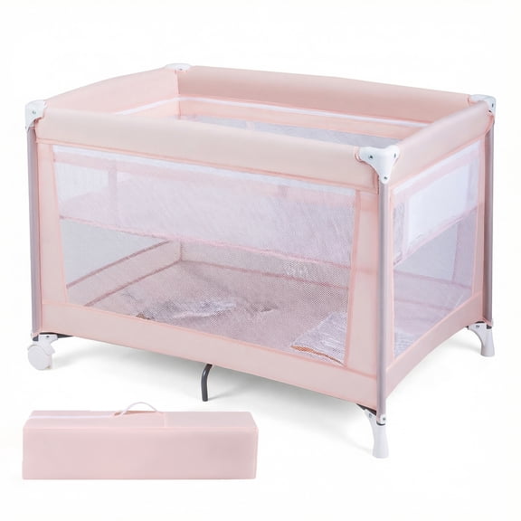 Babyjoy Portable Baby Playard with Soft Mattress, Breathable Mesh Sides, Wheels & Carry Bag Pink