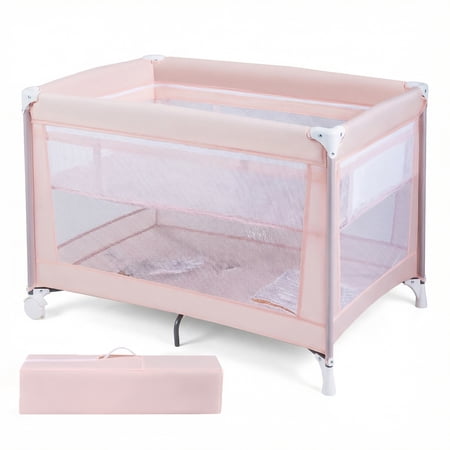 Babyjoy Portable Baby Playard with Soft Mattress, Breathable Mesh Sides, Wheels & Carry Bag Pink