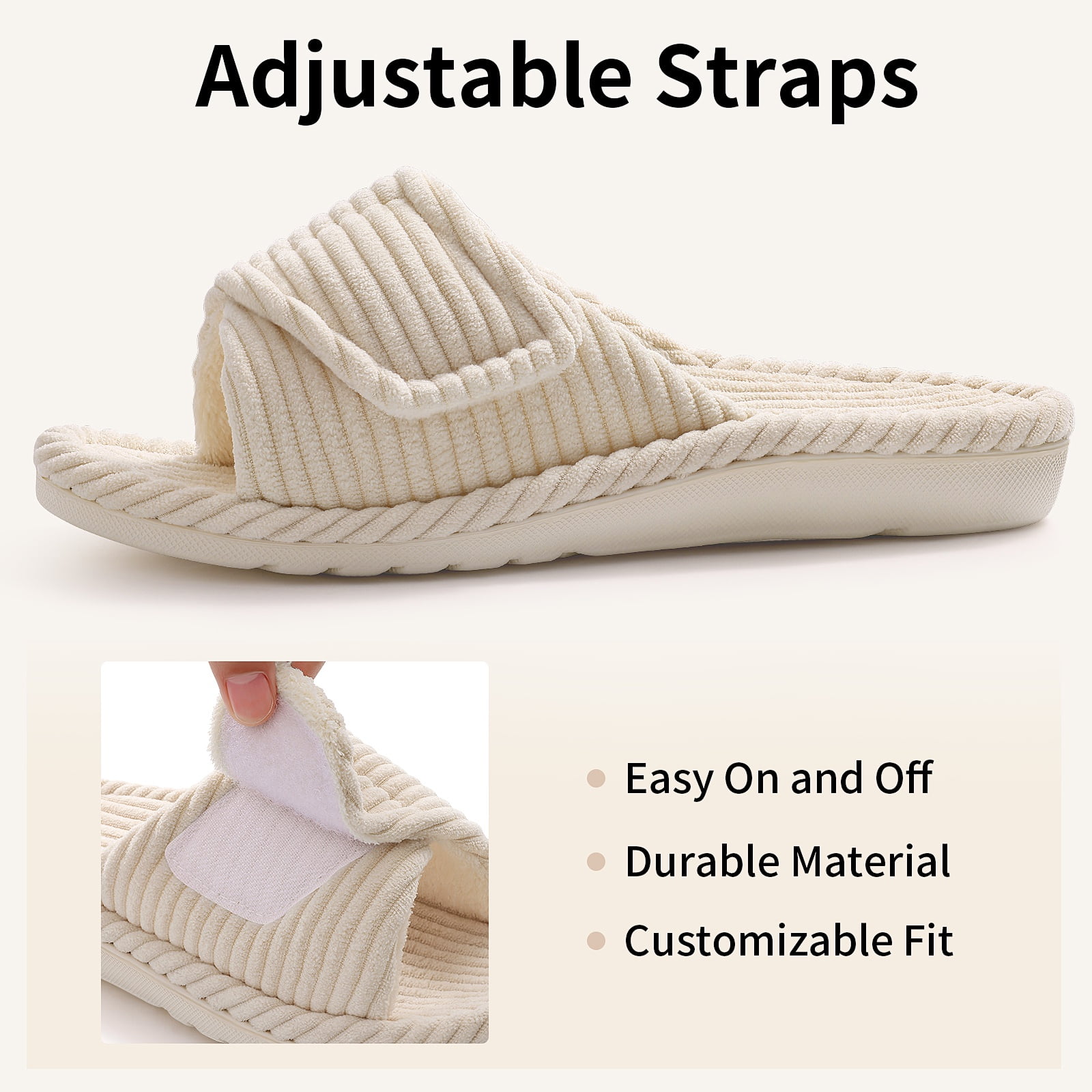 Litfun Orthotic Slippers for Women Adjustable Corduroy House Slippers Arch Support Slide Slippers, Beige, Size 8-8.5