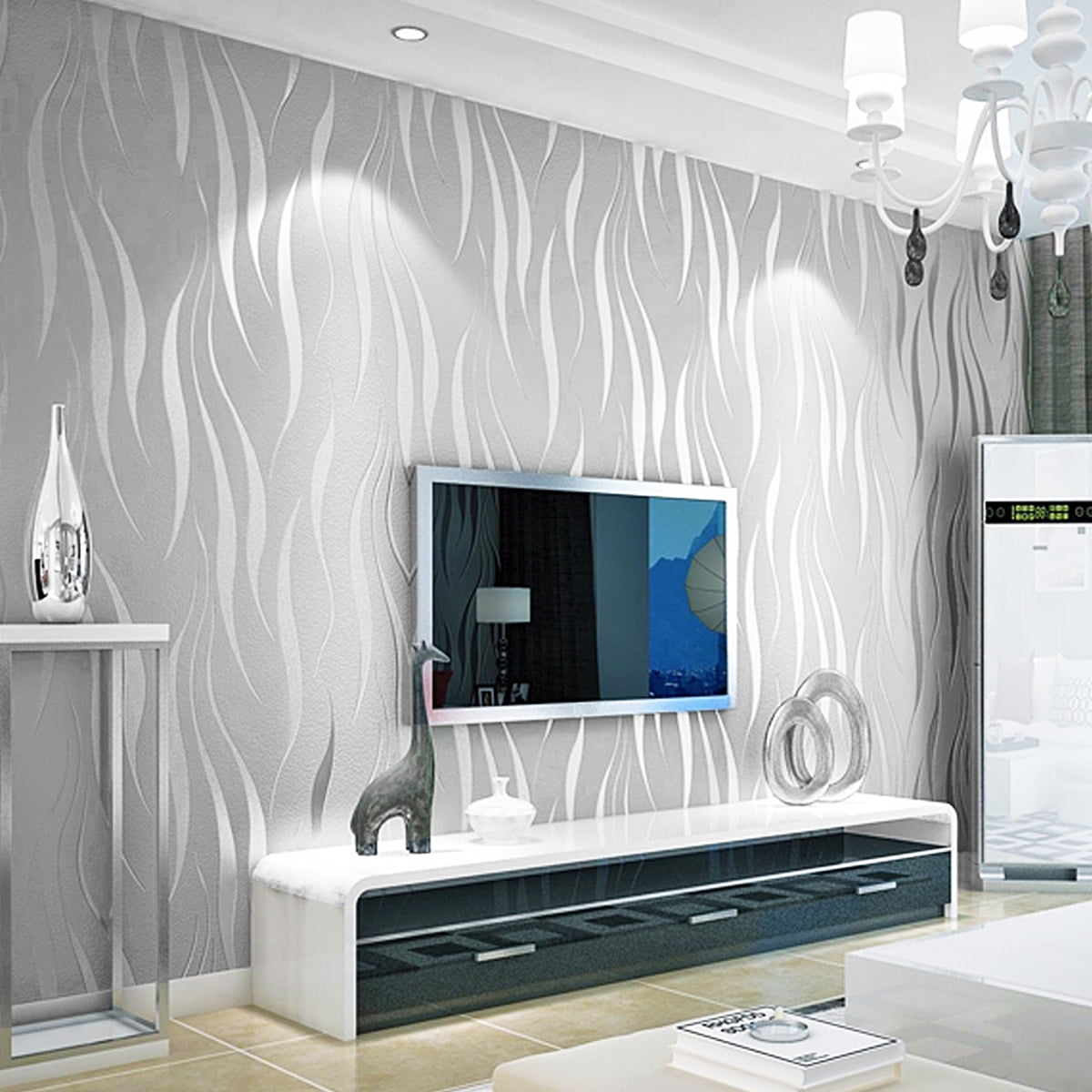Modern Non-Woven 12D Wallpapers, Wave Stripe Embossed Pattern Wall Sticker  for Bedroom Living Room Bathroom (No Glue)