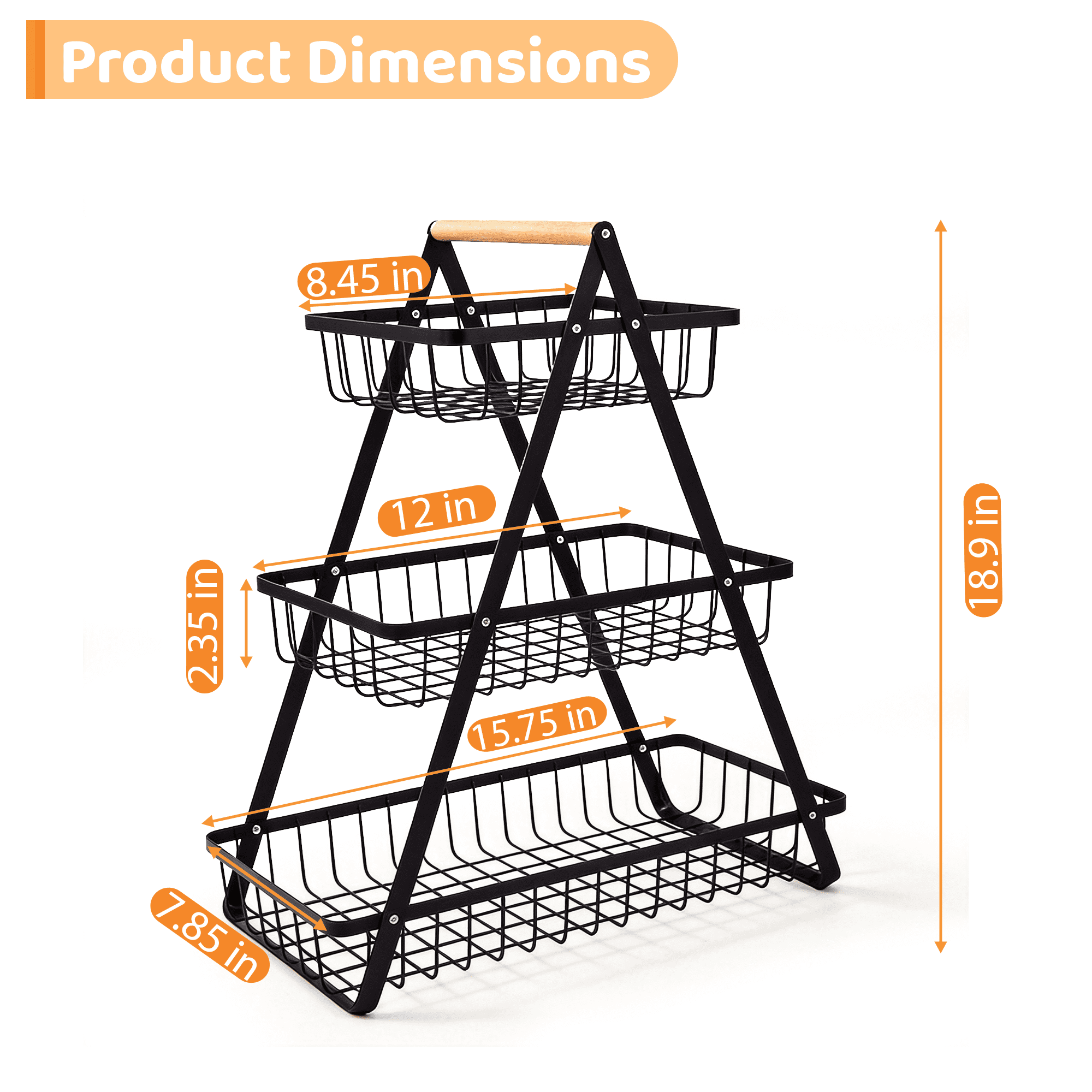 3 Tiers Fruit Basket, Kitchen Countertop Storage Basket with Wooden Handle, Metal Fruit Bowl Kitchen Office Dining Organizer for Fruit, Vegetable, Snacks