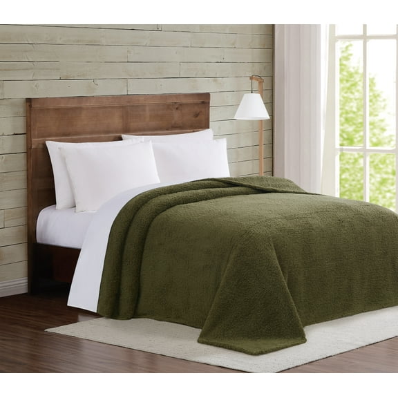 Brooklyn Loom Marshmallow Sherpa Olive Green King Blanket 100% Polyester Microfiber Plush, Solid Casual themed, Adult Bedding, OEKO-TEX Certified
