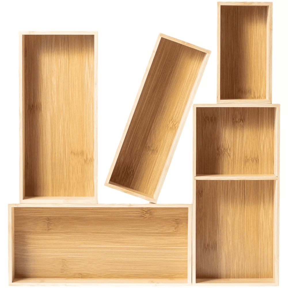 Luminuxe Bamboo Drawer Organizer Set, 5 Piece Non-Slip Versatile Storage Trays for Kitchen Utensils, Bathroom Essentials, Makeup & Jewelry